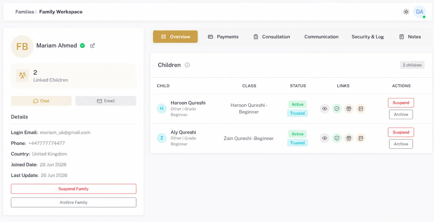 Academy control family workspace showing linked children, communication, and account management.