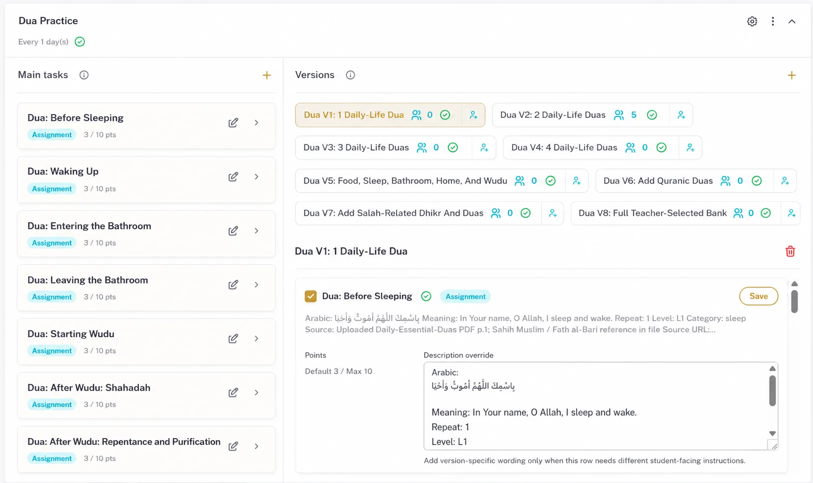 Automated tasks screen showing dua practice routines and task versions for Quran academy setup.